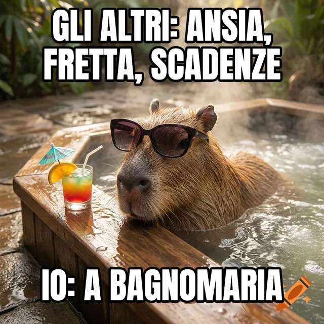 Gli altri: ansia, fretta, scadenze / Io: a bagnomaria – Capibara che si rilassa in una vasca idromassaggio