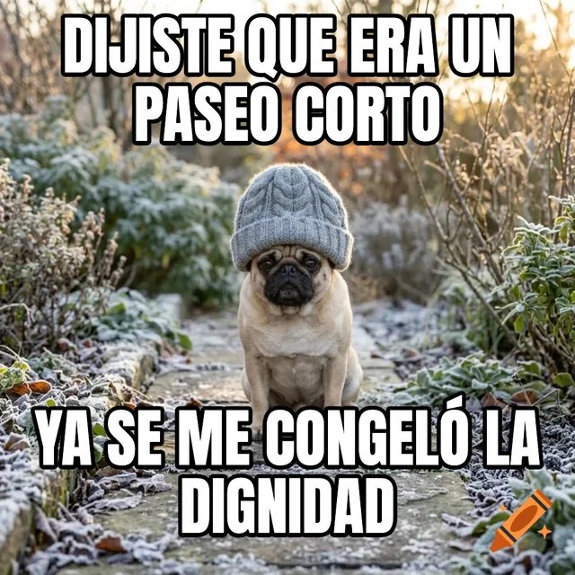 Dijiste que era un paseo corto / Ya se me congeló la dignidad – Pug usando un gorro tejido