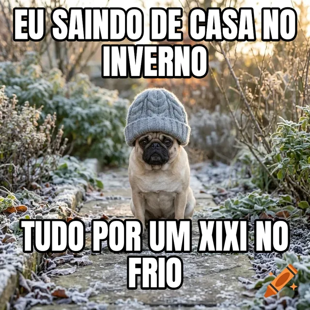 Eu saindo de casa no inverno / Tudo por um xixi no frio – Pug usando um gorro de tricô