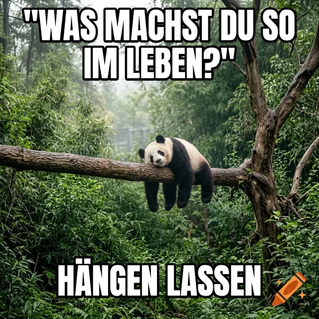 "Was machst du so im Leben?" / Hängen lassen – Riesenpanda ruht auf einem Bambuszweig