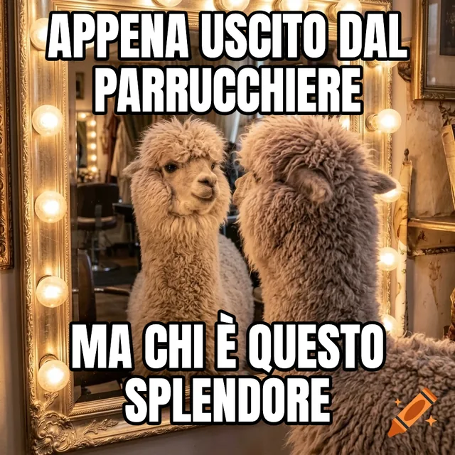 Appena uscito dal parrucchiere / Ma chi è questo splendore – Alpaca che si guarda allo specchio