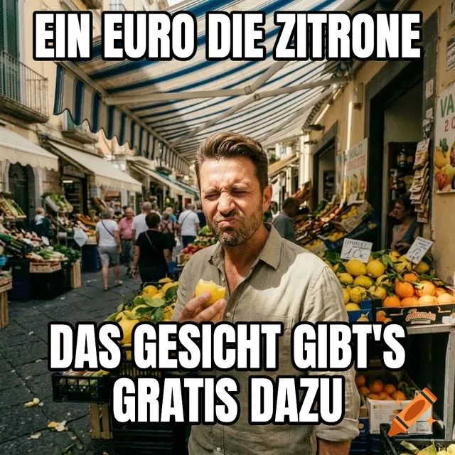 Ein Euro die Zitrone / Das Gesicht gibt's gratis dazu – Mann beißt in Zitrone in Amalfi