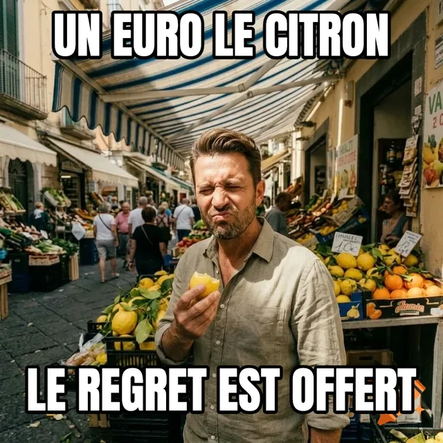 Un euro le citron / Le regret est offert – Homme mordant citron à Amalfi