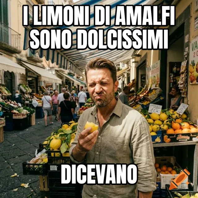 I limoni di Amalfi sono dolcissimi / Dicevano – Uomo morde limone ad Amalfi