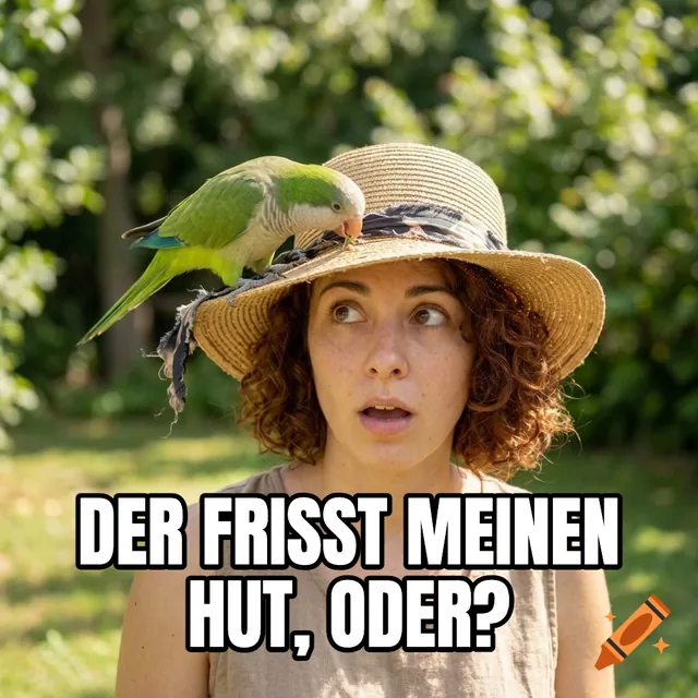 Der frisst meinen Hut, oder? – Sittich auf dem Hut einer Frau
