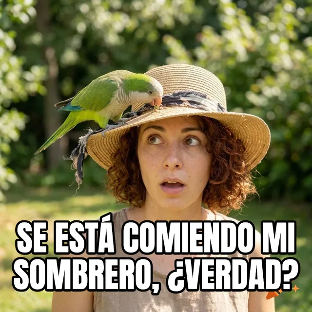 Se está comiendo mi sombrero, ¿verdad? – Cotorra posada en el sombrero femenino