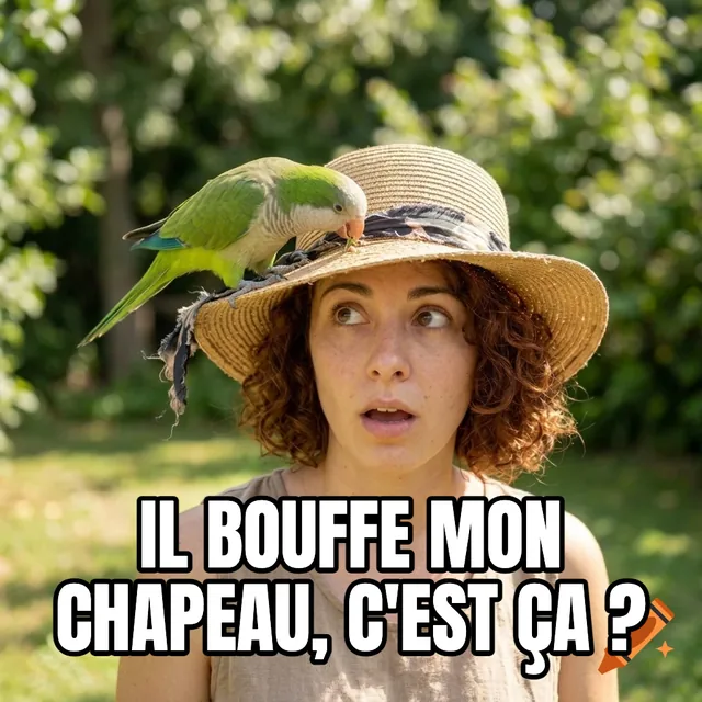 Il bouffe mon chapeau, c'est ça ? – Perruche sur le chapeau d'une femme