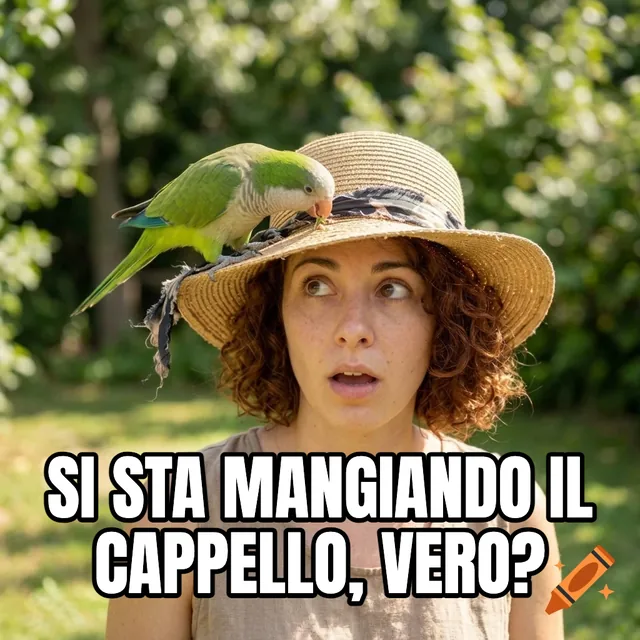 Si sta mangiando il cappello, vero? – Parrocchetto sul cappello di una donna