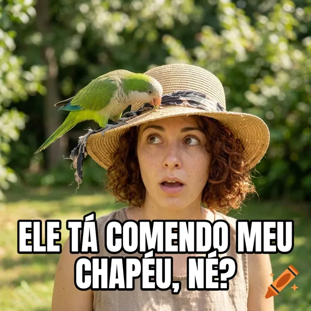 Ele tá comendo meu chapéu, né? – Periquito pousado no chapéu de mulher