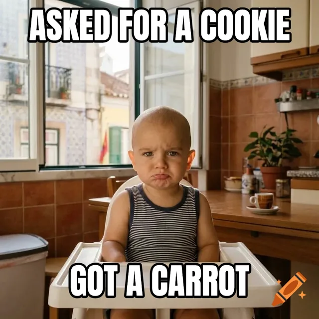 Asked for a cookie / Got a carrot – Pouting Baby Boy in High Chair