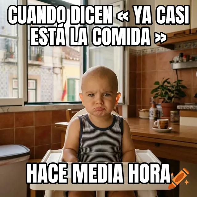 Cuando dicen « ya casi está la comida » / Hace media hora – Bebé haciendo pucheros en su silla alta