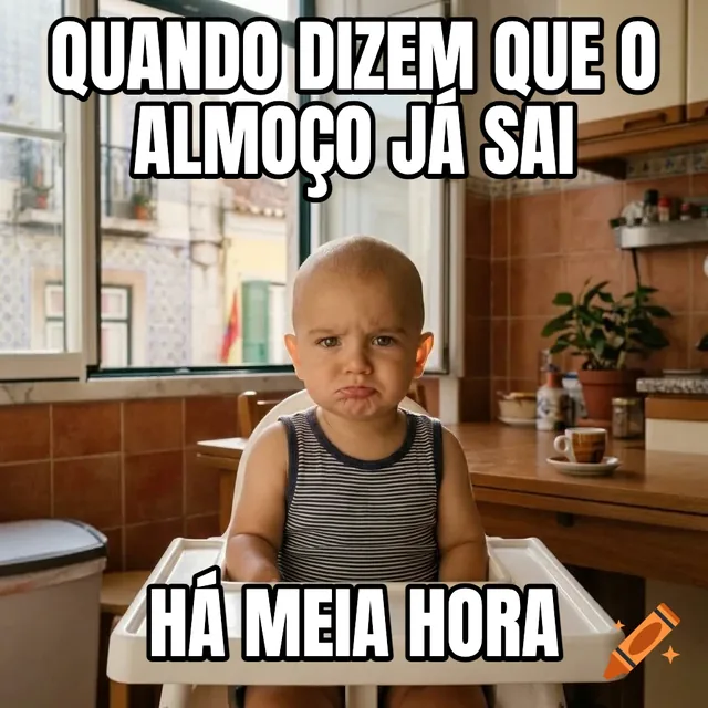 Quando dizem que o almoço já sai / Há meia hora – Bebê fazendo bico na cadeira alta