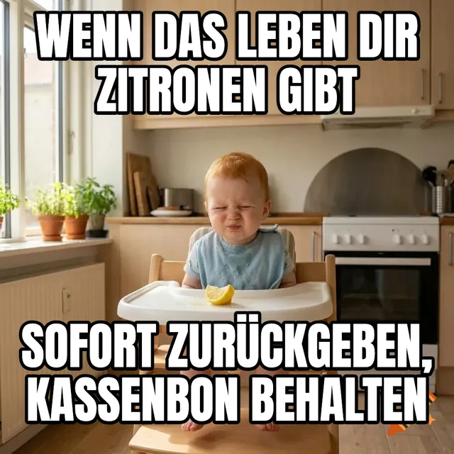 Wenn das Leben dir Zitronen gibt / Sofort zurückgeben, Kassenbon behalten – Baby mit Zitrone im Hochstuhl
