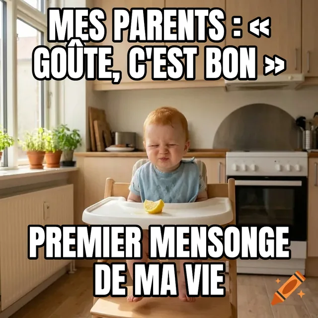 Mes parents : « goûte, c'est bon » / Premier mensonge de ma vie – Bébé avec citron dans sa chaise