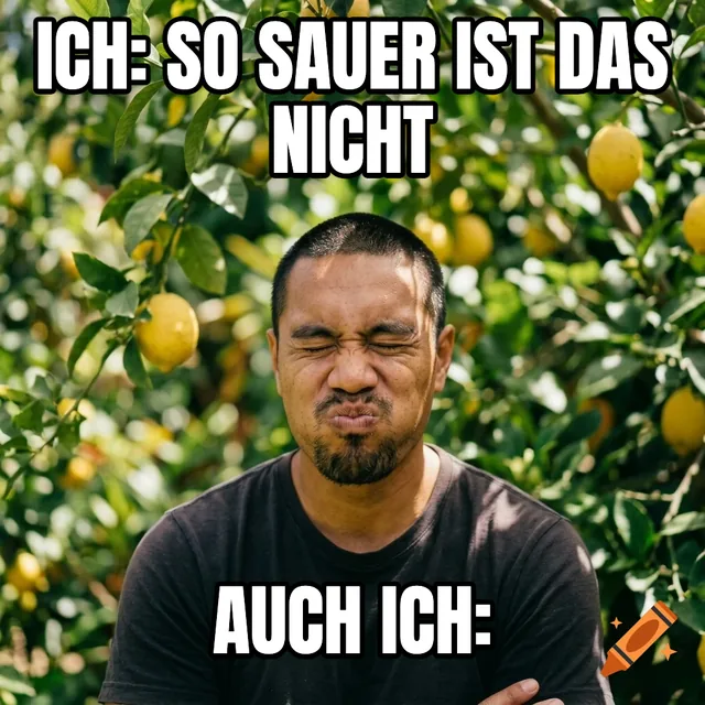 Ich: so sauer ist das nicht / Auch ich: – Mann verzieht Gesicht bei saurer Zitrone