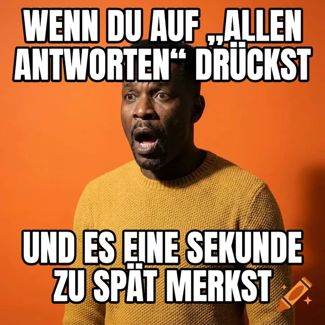 Wenn du auf „Allen antworten“ drückst / Und es eine Sekunde zu spät merkst – Schockierter Mann im senfgelben Pullover