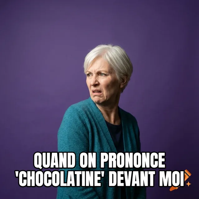 Quand on prononce 'chocolatine' devant moi – Femme dégoûtée en gilet bleu canard