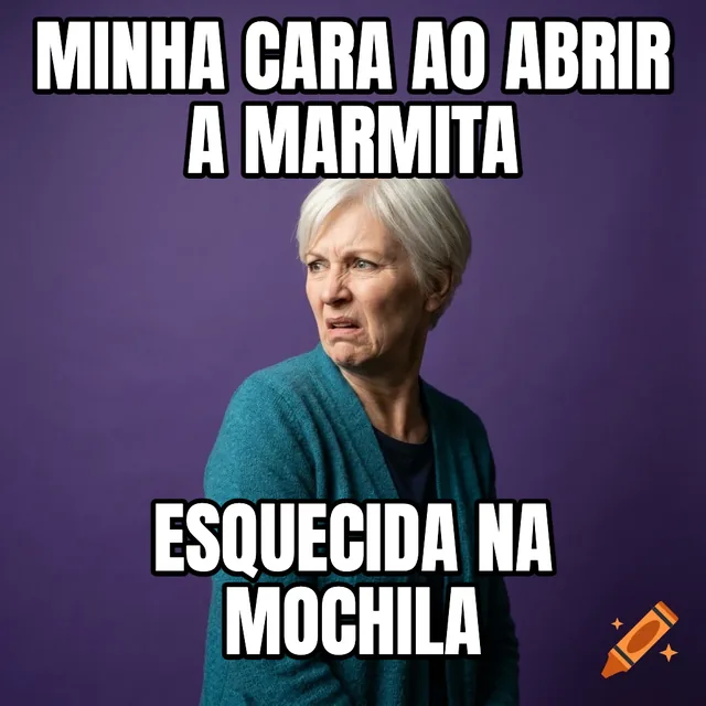 Minha cara ao abrir a marmita / Esquecida na mochila – Mulher enojada com cardigã azul