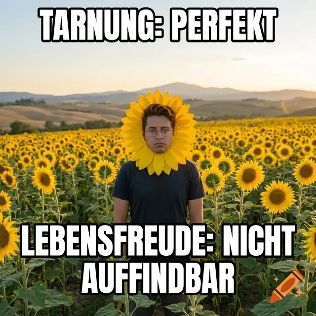 Tarnung: perfekt / Lebensfreude: nicht auffindbar – Mann mit Sonnenblumen-Halskrause