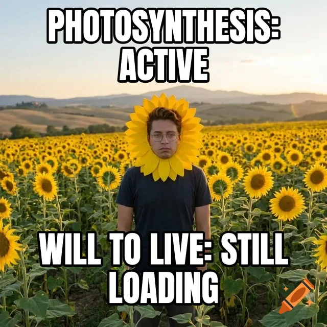 Photosynthesis: active / Will to live: still loading – Man Wearing a Sunflower Collar