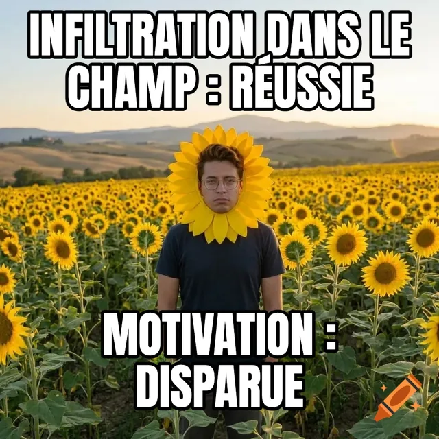 Infiltration dans le champ : réussie / Motivation : disparue – Homme portant une collerette tournesol