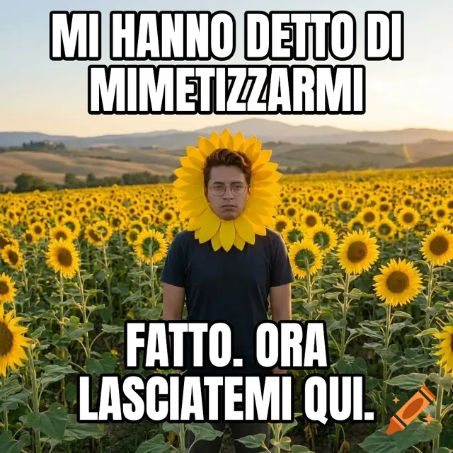 Mi hanno detto di mimetizzarmi / Fatto. Ora lasciatemi qui. – Uomo con colletto di girasole