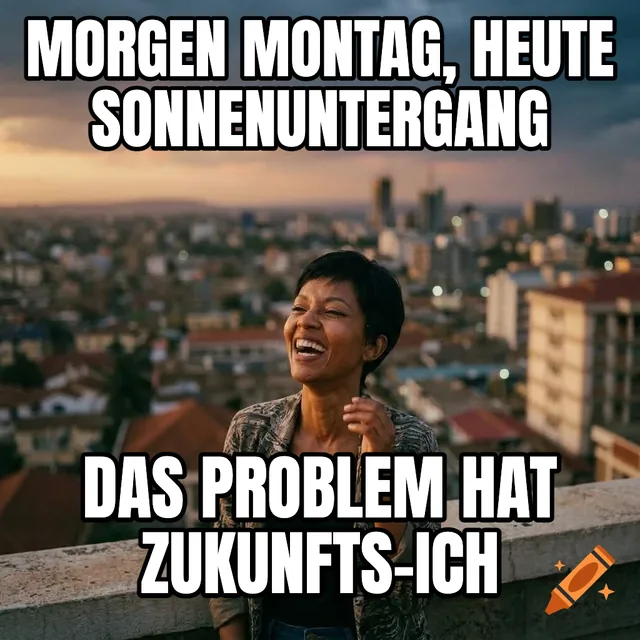 Morgen Montag, heute Sonnenuntergang / Das Problem hat Zukunfts-Ich – Frau lacht vor der Skyline