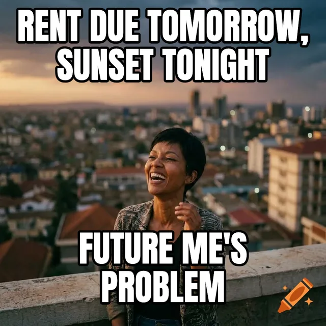 Rent due tomorrow, sunset tonight / Future me's problem – Woman Laughing Against City Skyline