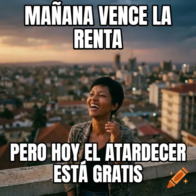 Mañana vence la renta / Pero hoy el atardecer está gratis – Mujer riendo ante el horizonte