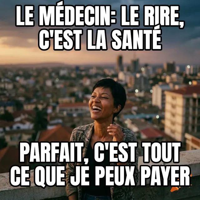 Le médecin: le rire, c'est la santé / Parfait, c'est tout ce que je peux payer – Femme riant devant la ville