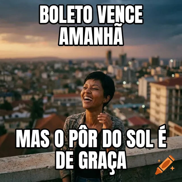 Boleto vence amanhã / Mas o pôr do sol é de graça – Mulher rindo diante do horizonte