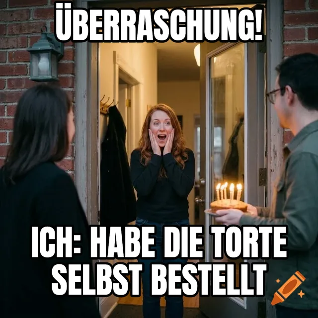 Überraschung! / Ich: habe die Torte selbst bestellt – Überraschte Frau bei der Geburtstagsfeier