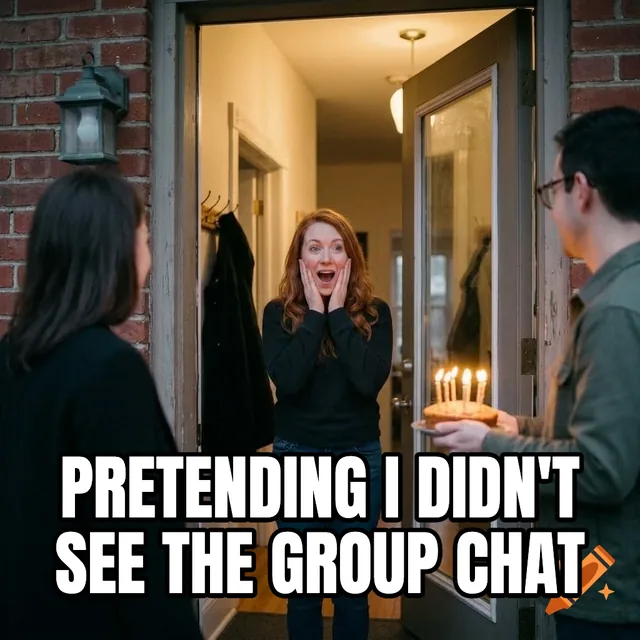 Pretending I didn't see the group chat – Surprised Woman at Birthday Celebration
