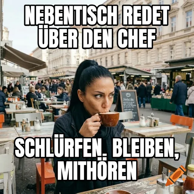 Nebentisch redet über den Chef / Schlürfen, bleiben, mithören – Frau trinkt Kaffee auf dem Markt