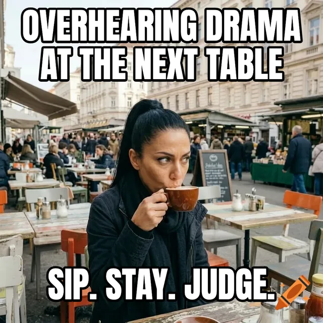 Overhearing drama at the next table / Sip. Stay. Judge. – Woman Drinking Coffee at Market