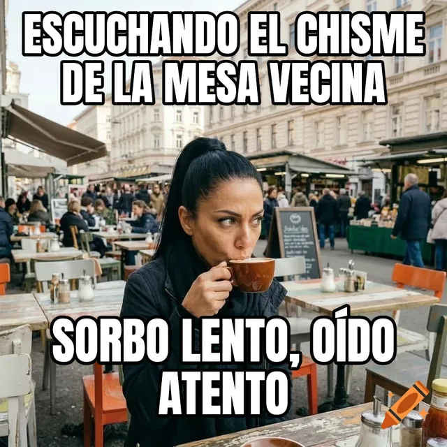 Escuchando el chisme de la mesa vecina / Sorbo lento, oído atento – Mujer bebiendo café en el mercado