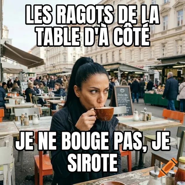Les ragots de la table d'à côté / Je ne bouge pas, je sirote – Femme buvant un café au marché