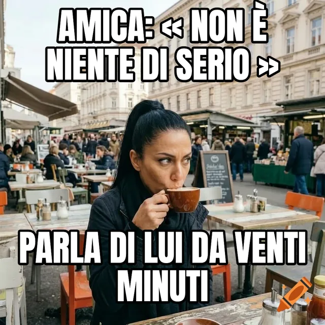 Amica: « non è niente di serio » / Parla di lui da venti minuti – Donna che beve caffè al mercato