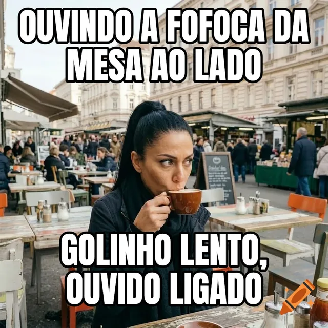 Ouvindo a fofoca da mesa ao lado / Golinho lento, ouvido ligado – Mulher bebendo café no mercado