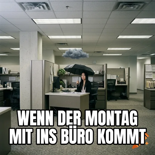 Wenn der Montag mit ins Büro kommt – Frau unter einer Regenwolke im Büro