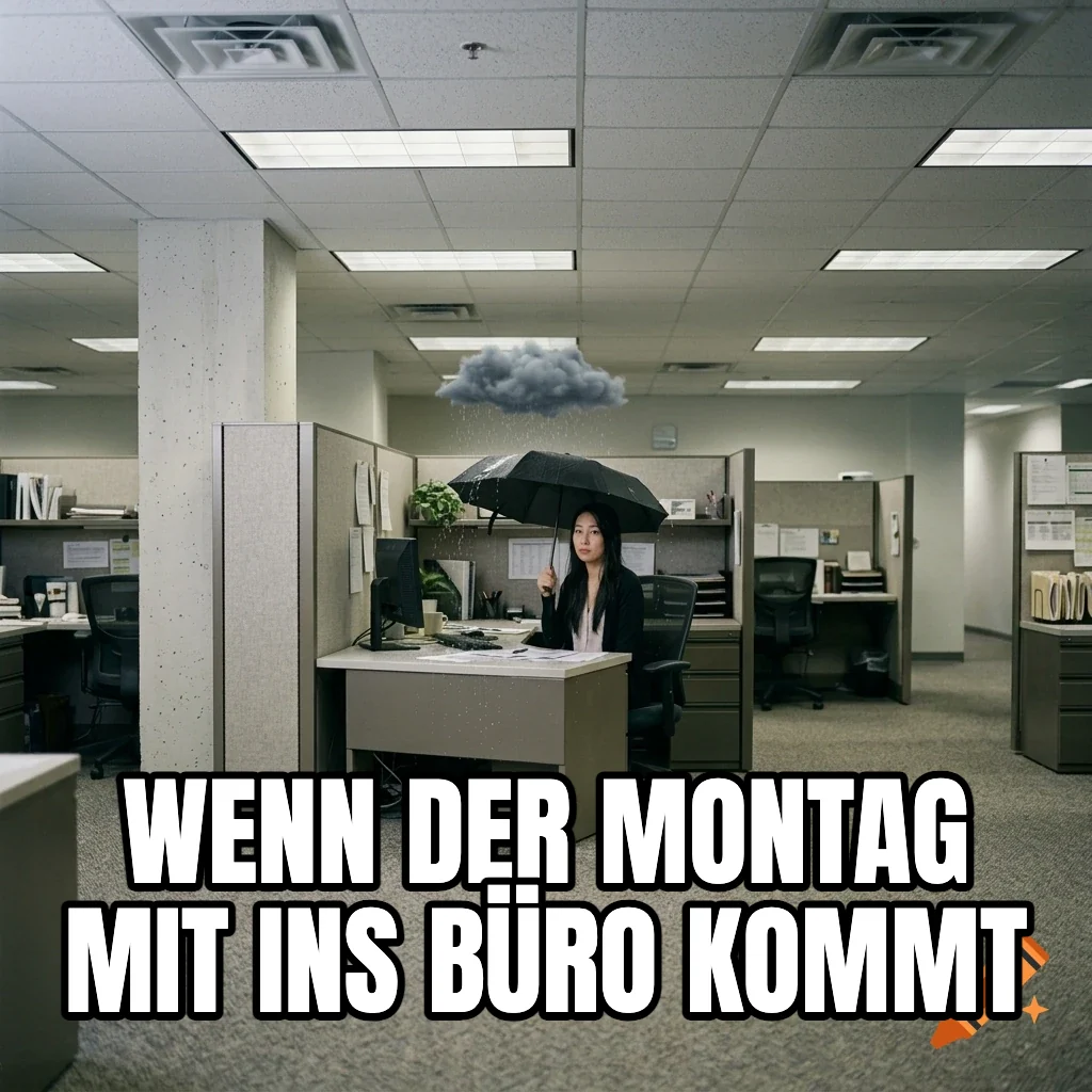 Wenn der Montag mit ins Büro kommt – Frau unter einer Regenwolke im Büro