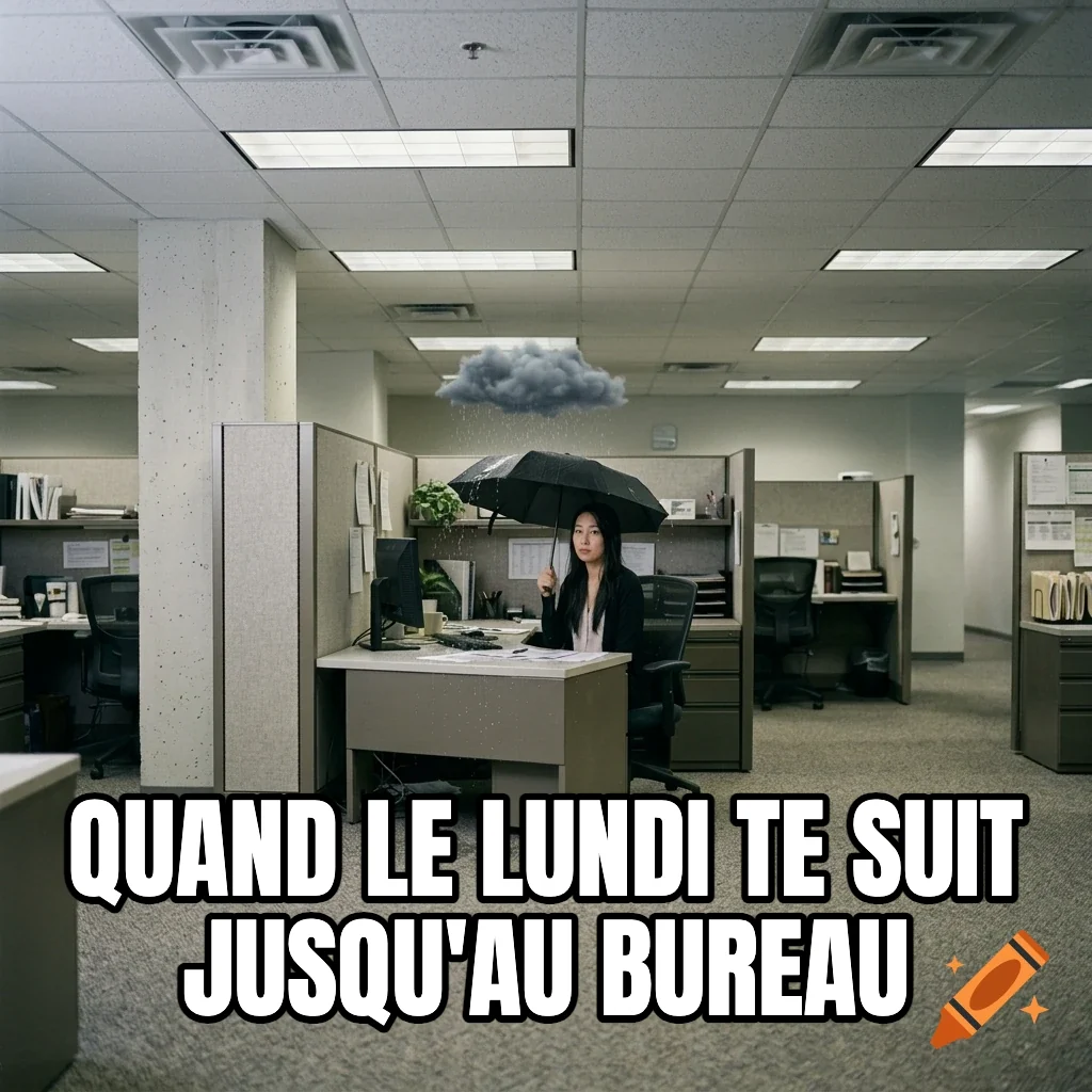 Quand le lundi te suit jusqu'au bureau – Femme sous un nuage de pluie