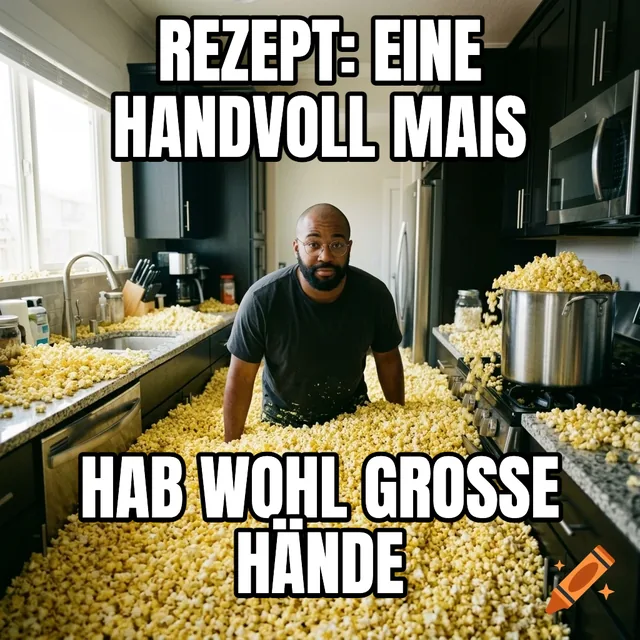 Rezept: eine Handvoll Mais / Hab wohl große Hände – Mann steht in einer Küche voller Popcorn
