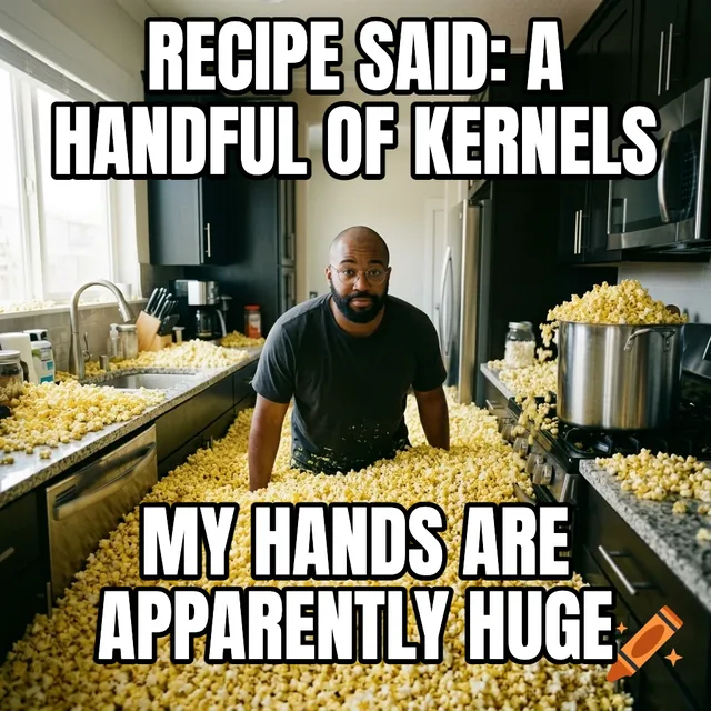 Recipe said: a handful of kernels / My hands are apparently huge – Man Standing in a Popcorn Kitchen