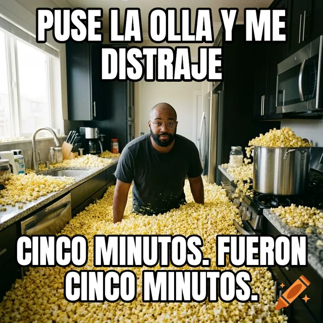 Puse la olla y me distraje / Cinco minutos. Fueron cinco minutos. – Hombre de pie en una cocina llena de palomitas