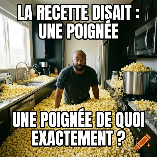 La recette disait : une poignée / Une poignée de QUOI exactement ? – Homme debout dans une cuisine remplie de pop-corn