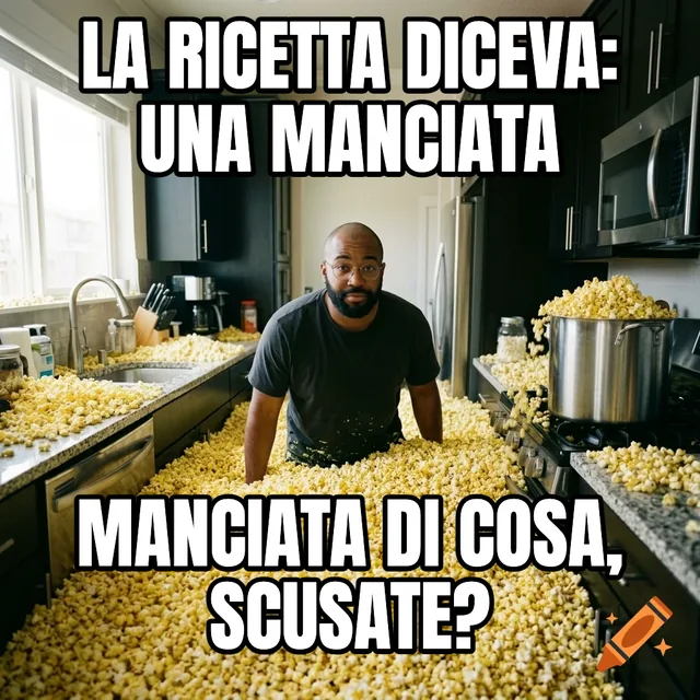 La ricetta diceva: una manciata / Manciata di cosa, scusate? – Uomo in piedi in una cucina piena di popcorn