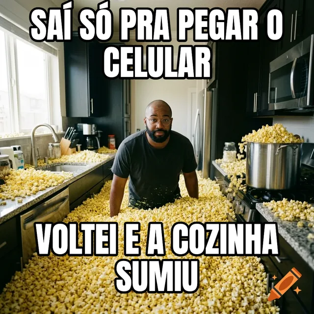Saí só pra pegar o celular / Voltei e a cozinha sumiu – Homem em pé numa cozinha cheia de pipoca