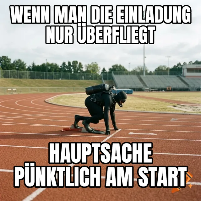 Wenn man die Einladung nur überfliegt / Hauptsache pünktlich am Start – Taucher auf einer Laufbahn