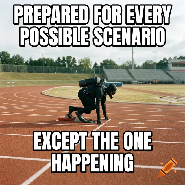 Prepared for every possible scenario / Except the one happening – Scuba Diver on Running Track
